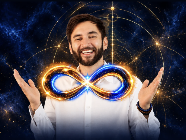 Murilo sorrindo com o símbolo do infinito e as mãos visíveis